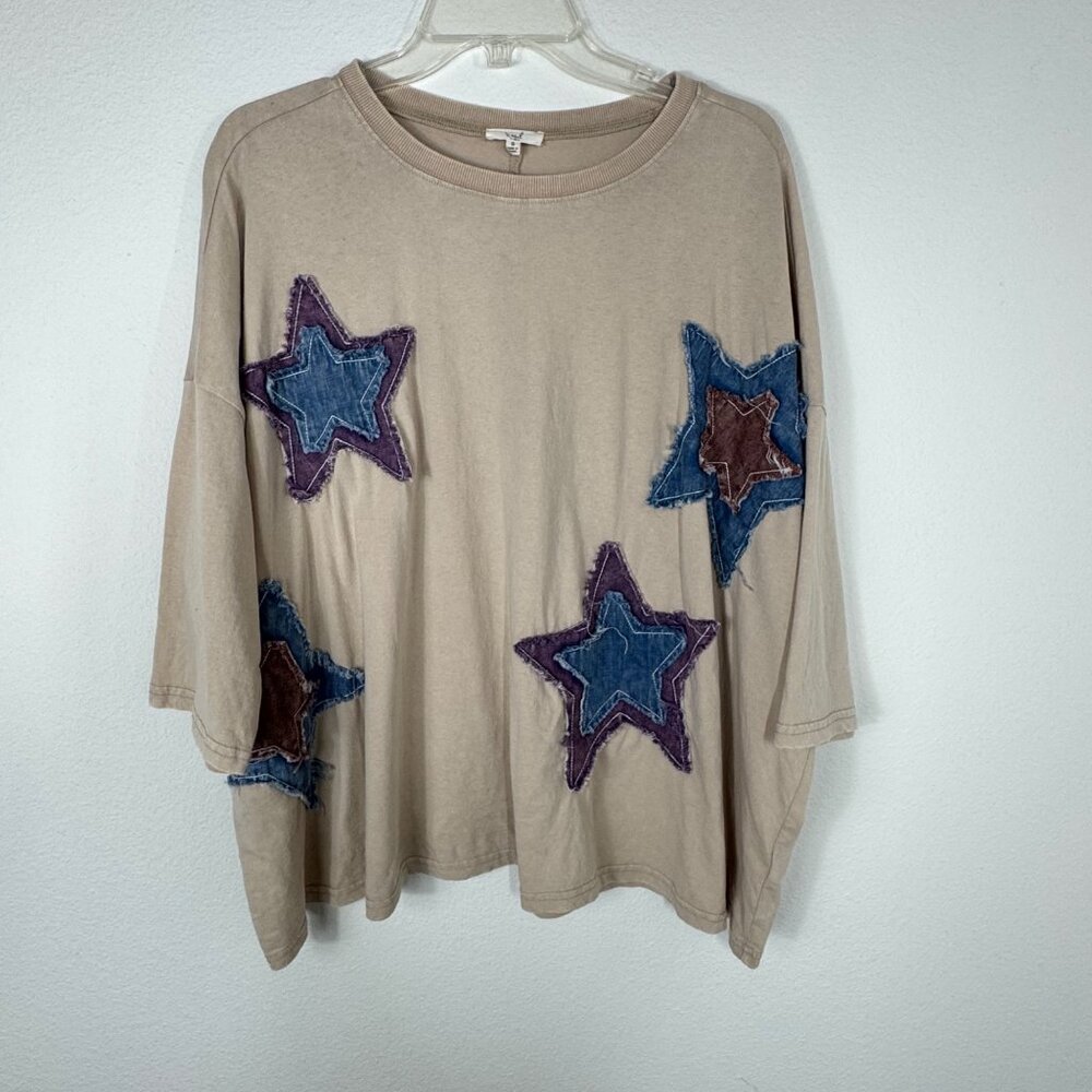Easel Oversized T Shirt Star Patch Top Khaki Size Small Layered
